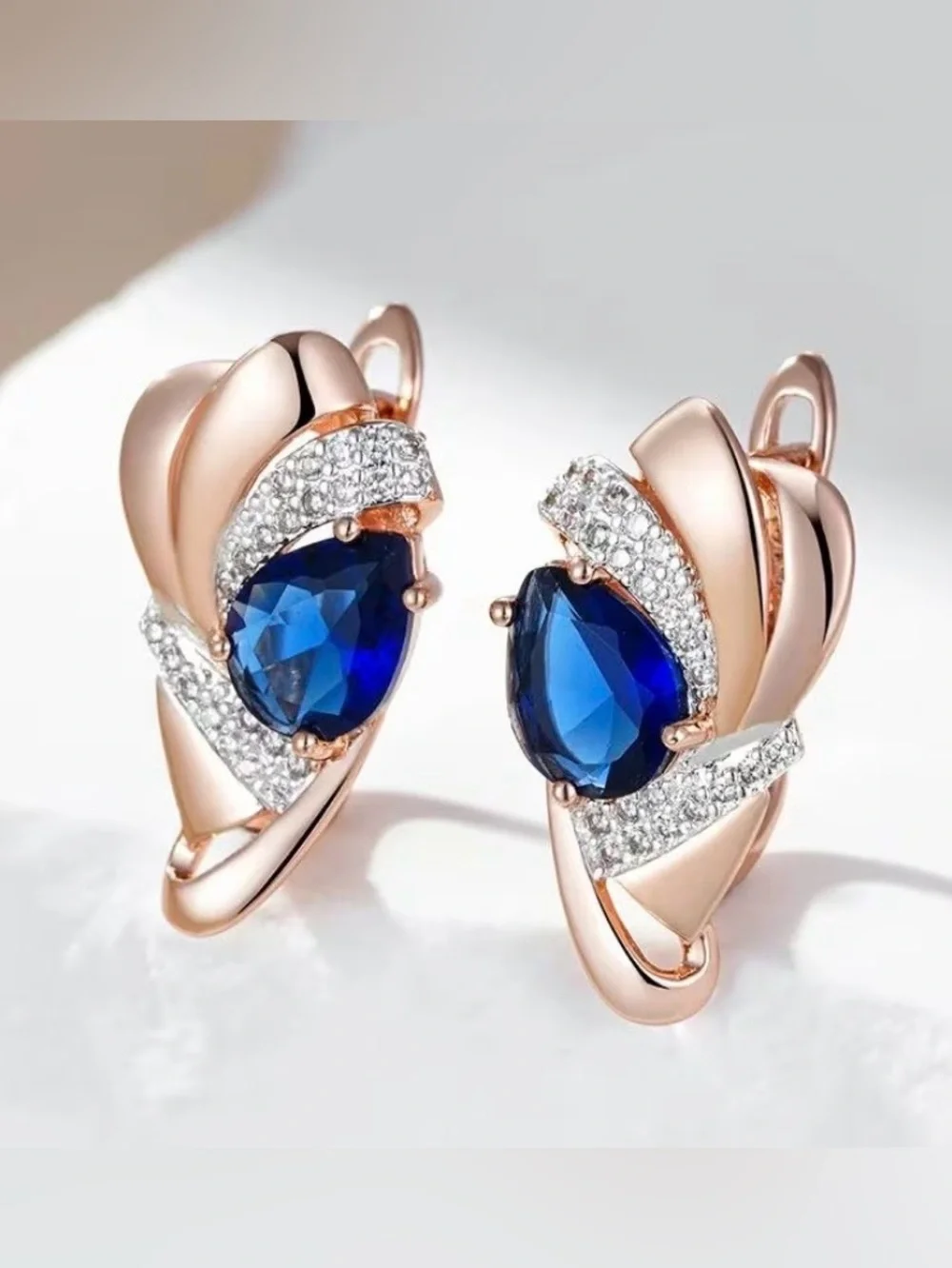 Rose Gold Earrings with Blue Teardrop Gemstones